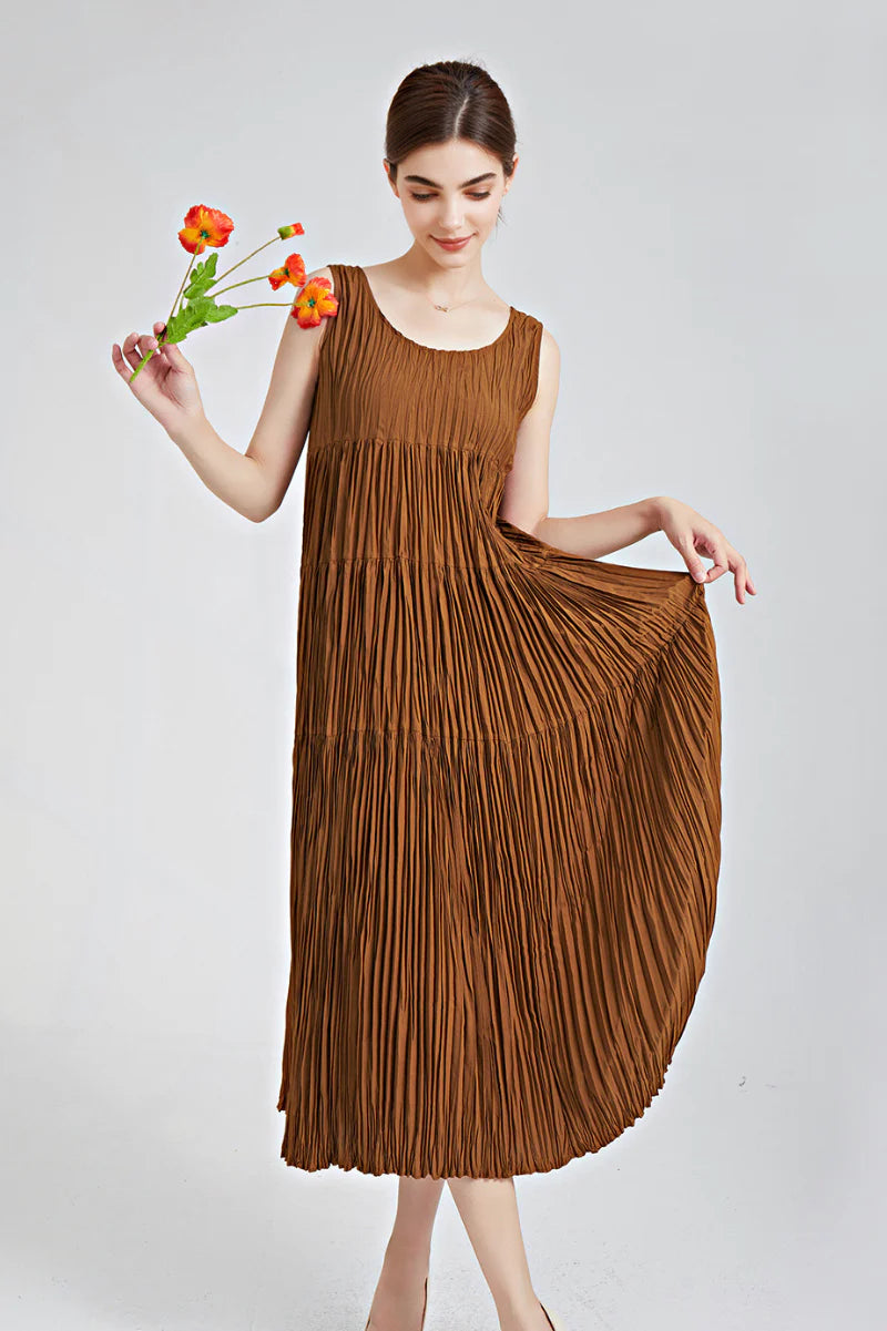 Designer Inspired Pleated Flowy Sleeveless Midi Dress
