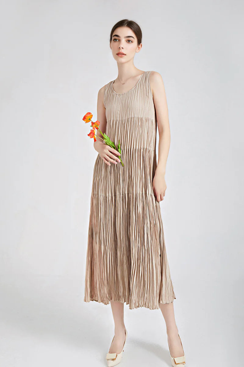 Designer Inspired Pleated Sleeveless Midi Dress
