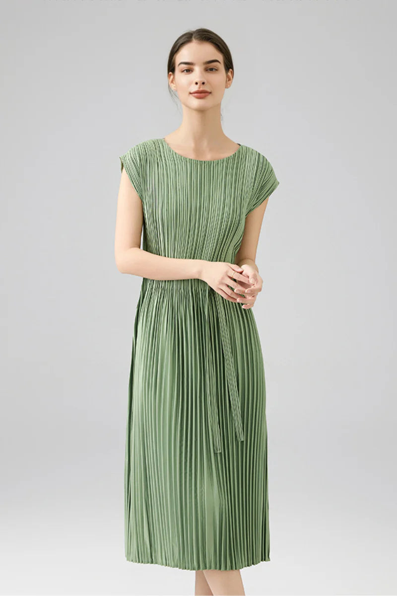 Designer Inspired Pleated Cap-Sleeve Dress with Belt