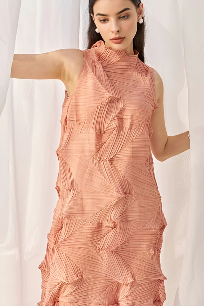 Designer Inspired Pleated Sleeveless Midi Dress in Coral