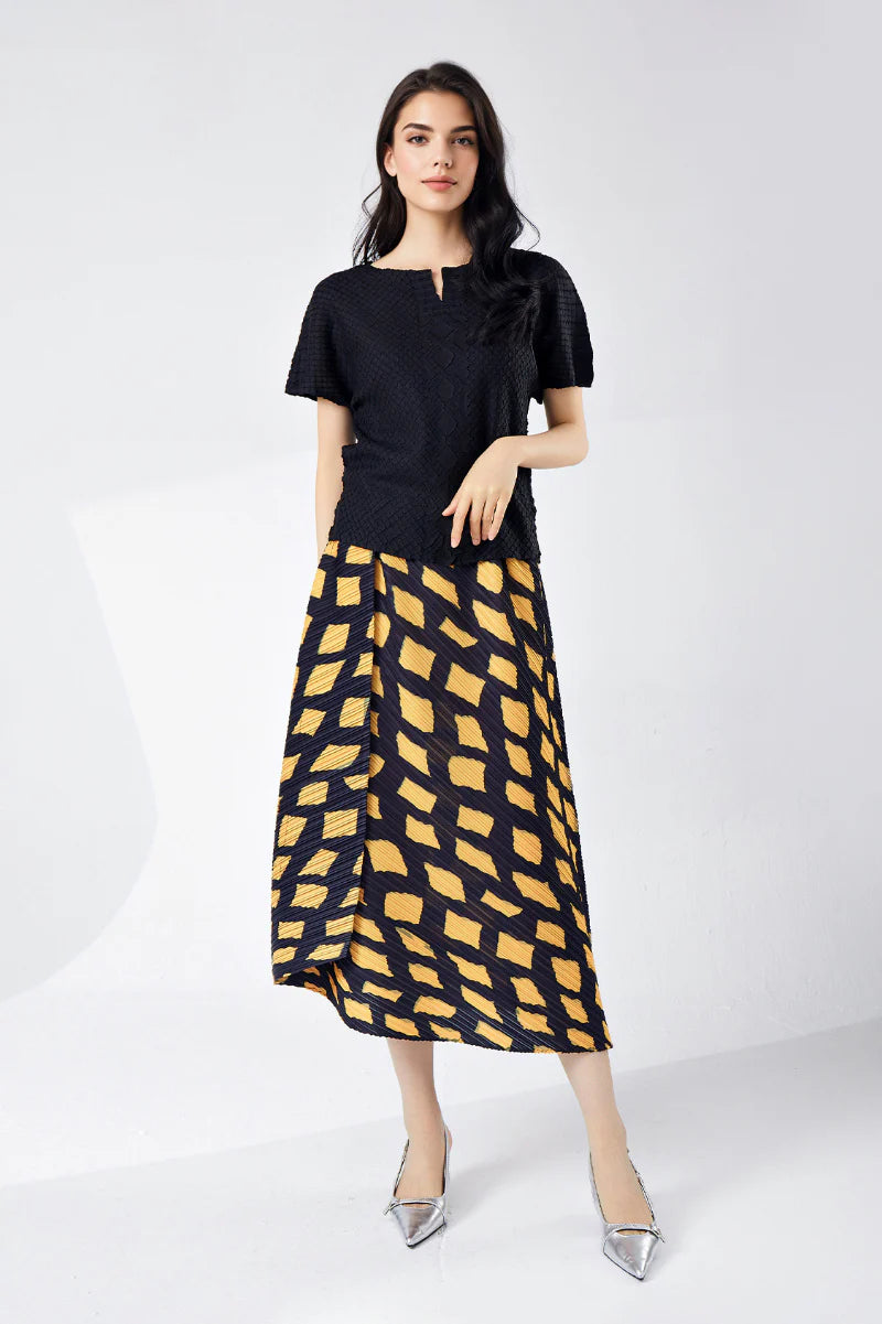 Designer Inspired Pleated Asymmetrical Midi Skirt in Geometric Print