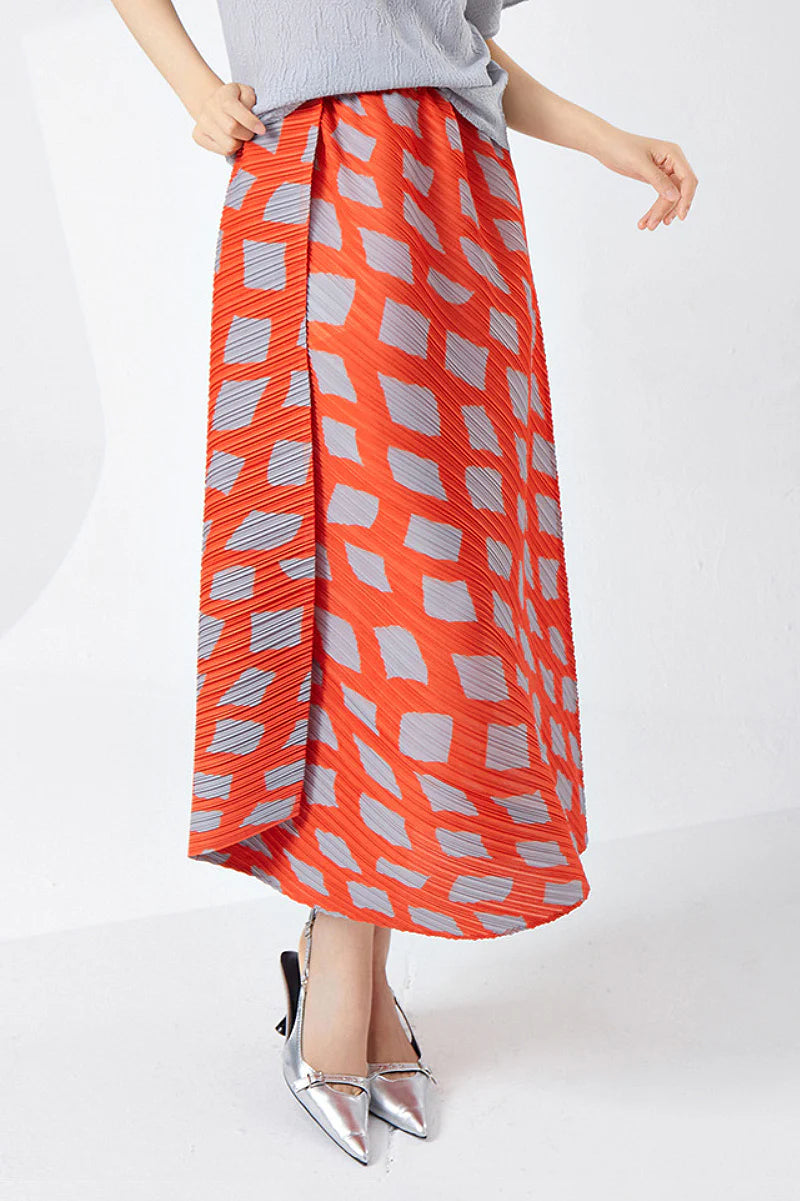 Designer Inspired Pleated Asymmetrical Midi Skirt in Geometric Print