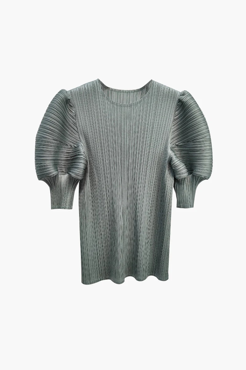 Designer Inspired Pleated Puff-Sleeve Top