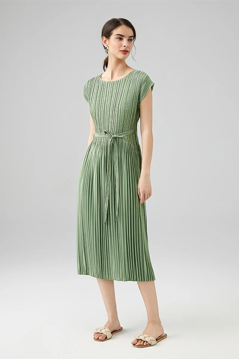 Designer Inspired Pleated Cap-Sleeve Dress with Belt