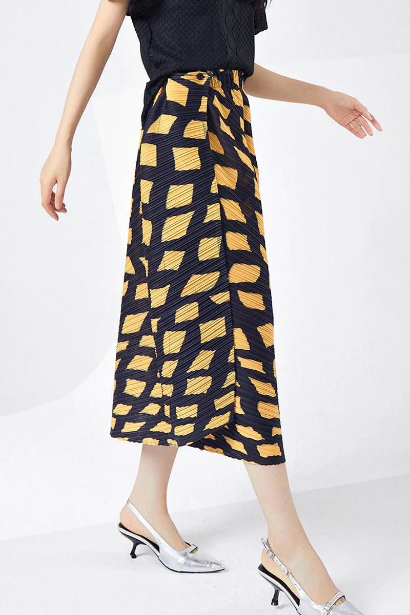 Designer Inspired Pleated Asymmetrical Midi Skirt in Geometric Print