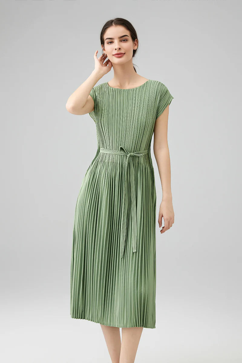 Designer Inspired Pleated Cap-Sleeve Dress with Belt
