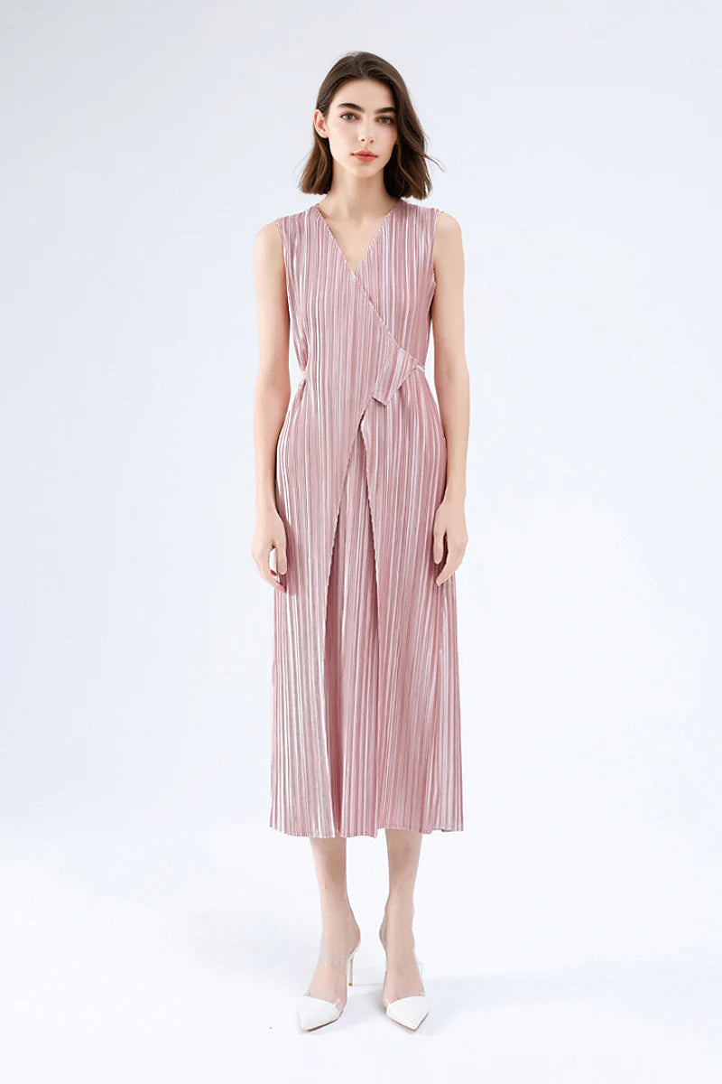Designer Inspired Pleated Sleeveless Wrap Midi Dress in Pink