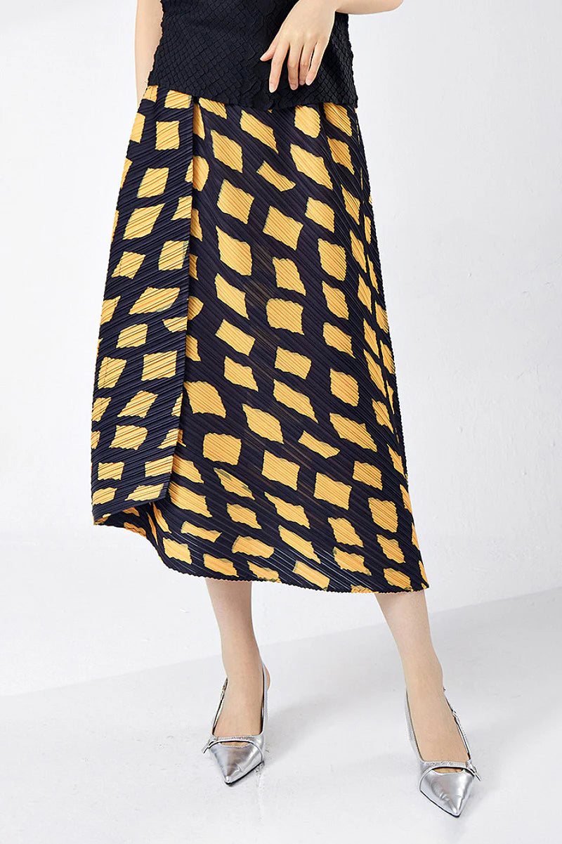 Designer Inspired Pleated Asymmetrical Midi Skirt in Geometric Print