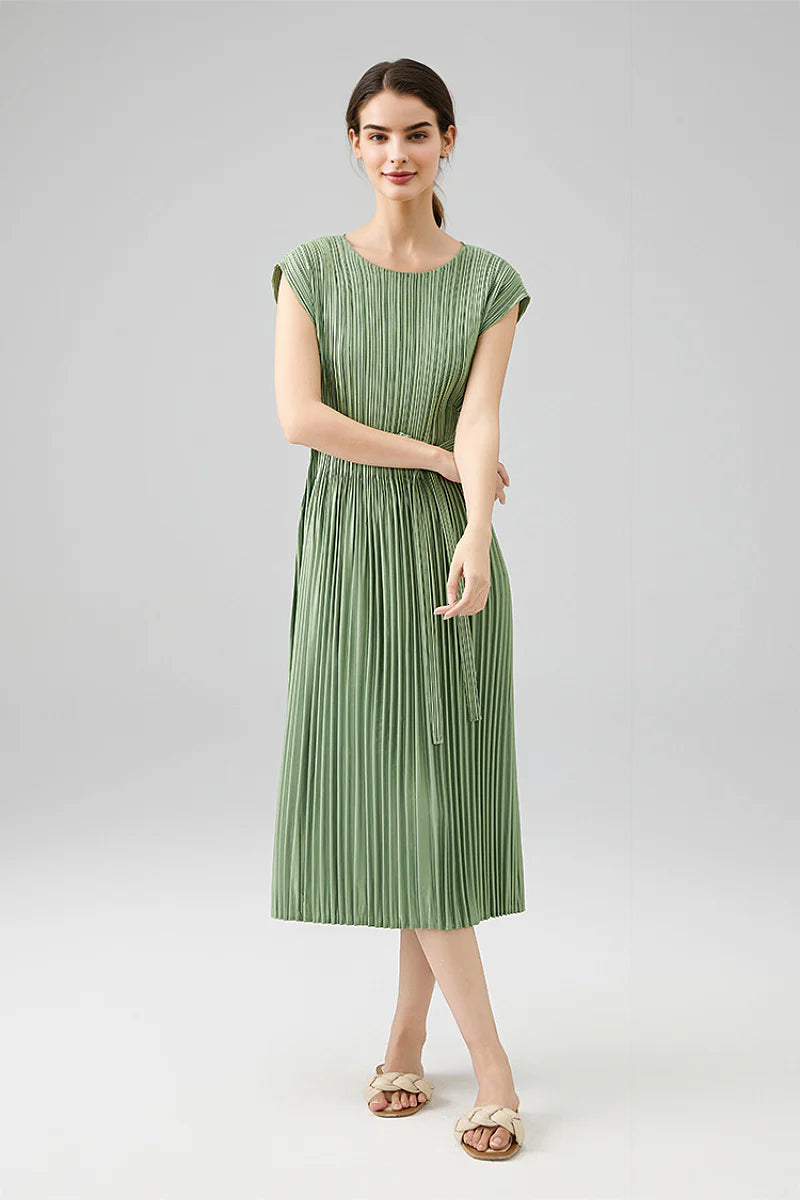 Designer Inspired Pleated Cap-Sleeve Dress with Belt