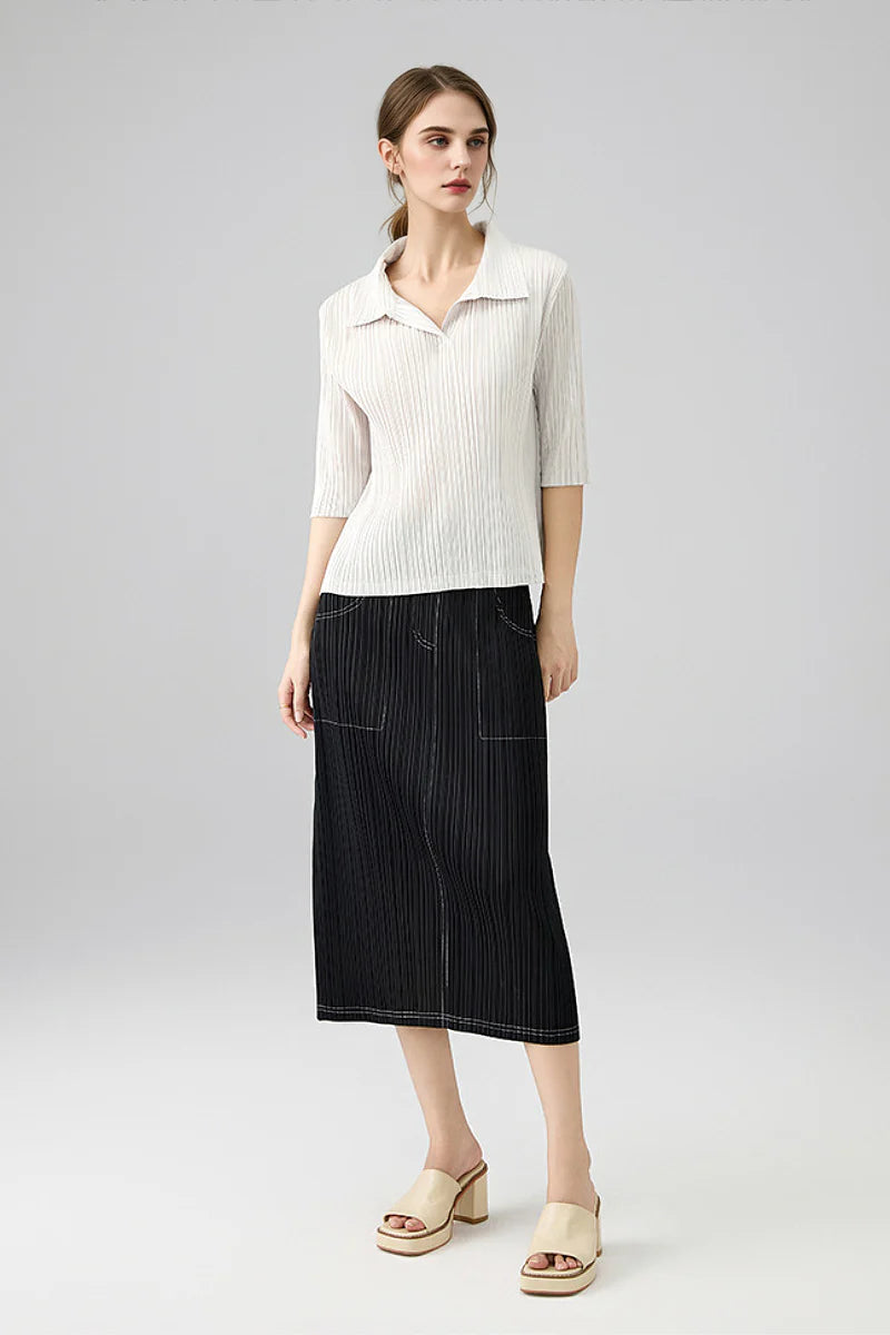 Designer Inspired Pleated Pull-On Midi Skirt