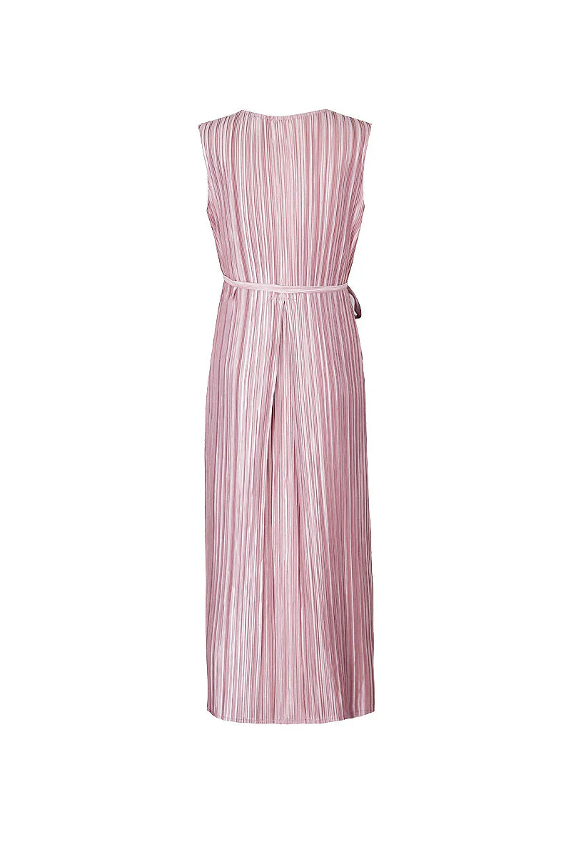 Designer Inspired Pleated Sleeveless Wrap Midi Dress in Pink