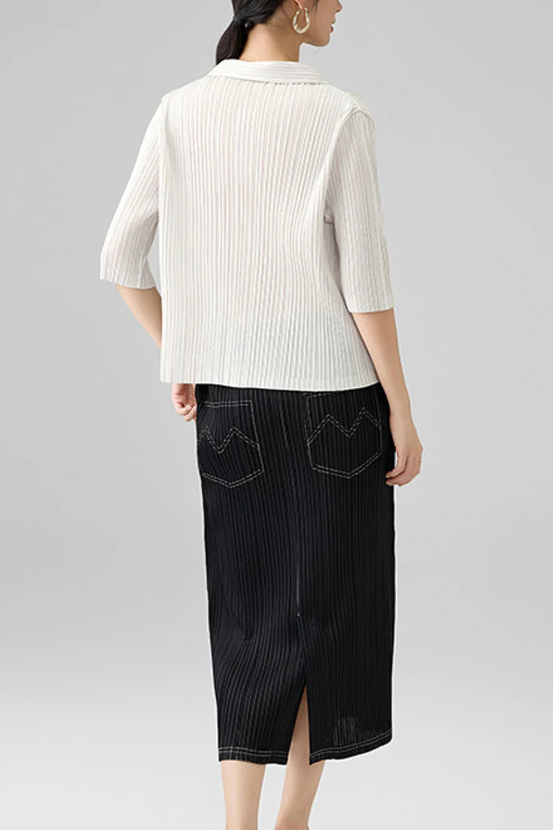 Designer-Inspired Pleated Elbow-Sleeve Polo Shirt