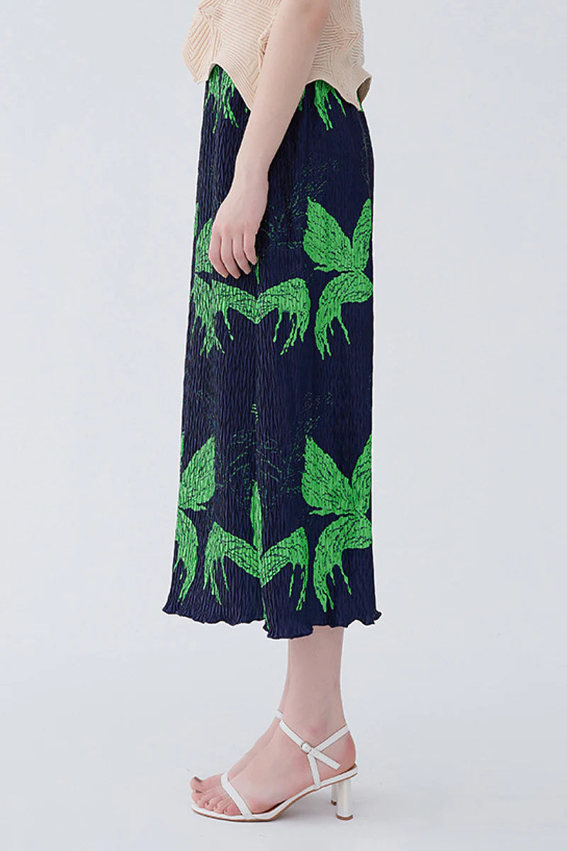 Designer Inspired Pleated Leaf Print Straight Midi Skirt