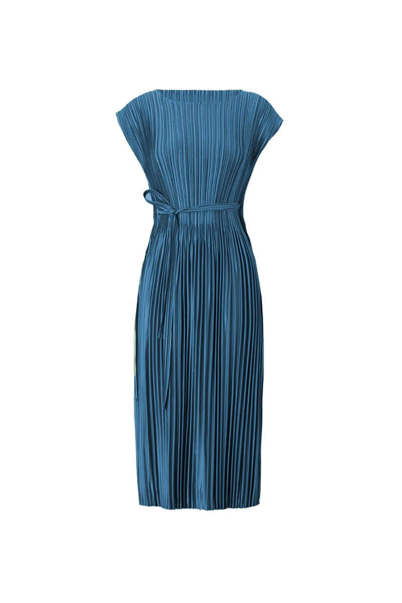 Designer Inspired Pleated Cap-Sleeve Dress with Belt