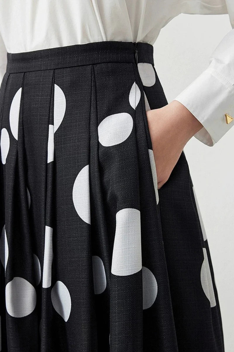 Black Pleated Polka Dot A-Line Midi Skirt with Pockets