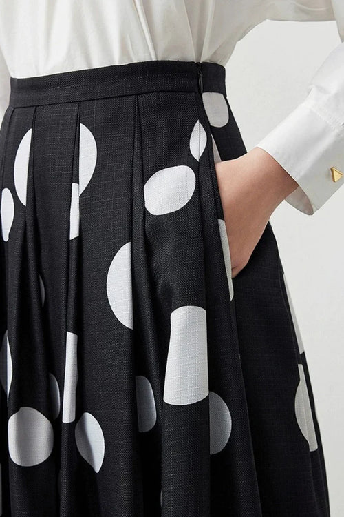 Black Pleated Polka Dot A-Line Midi Skirt with Pockets