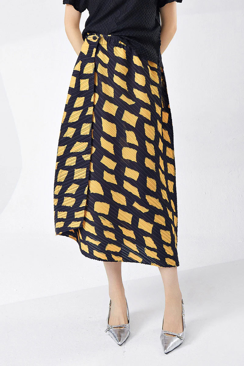 Designer Inspired Pleated Asymmetrical Midi Skirt in Geometric Print