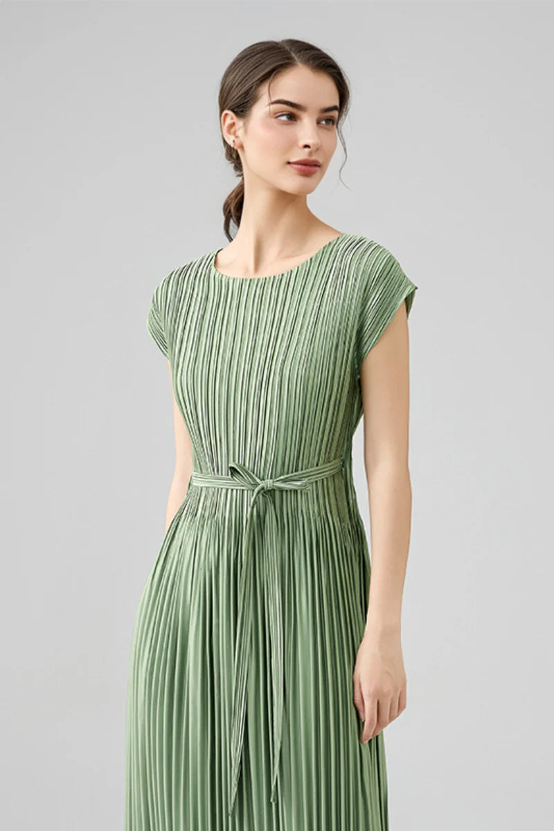 Designer Inspired Pleated Cap-Sleeve Dress with Belt