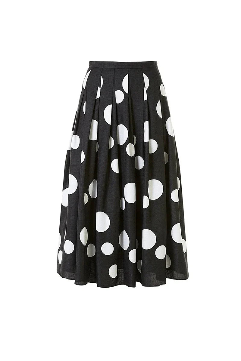 Black Pleated Polka Dot A-Line Midi Skirt with Pockets