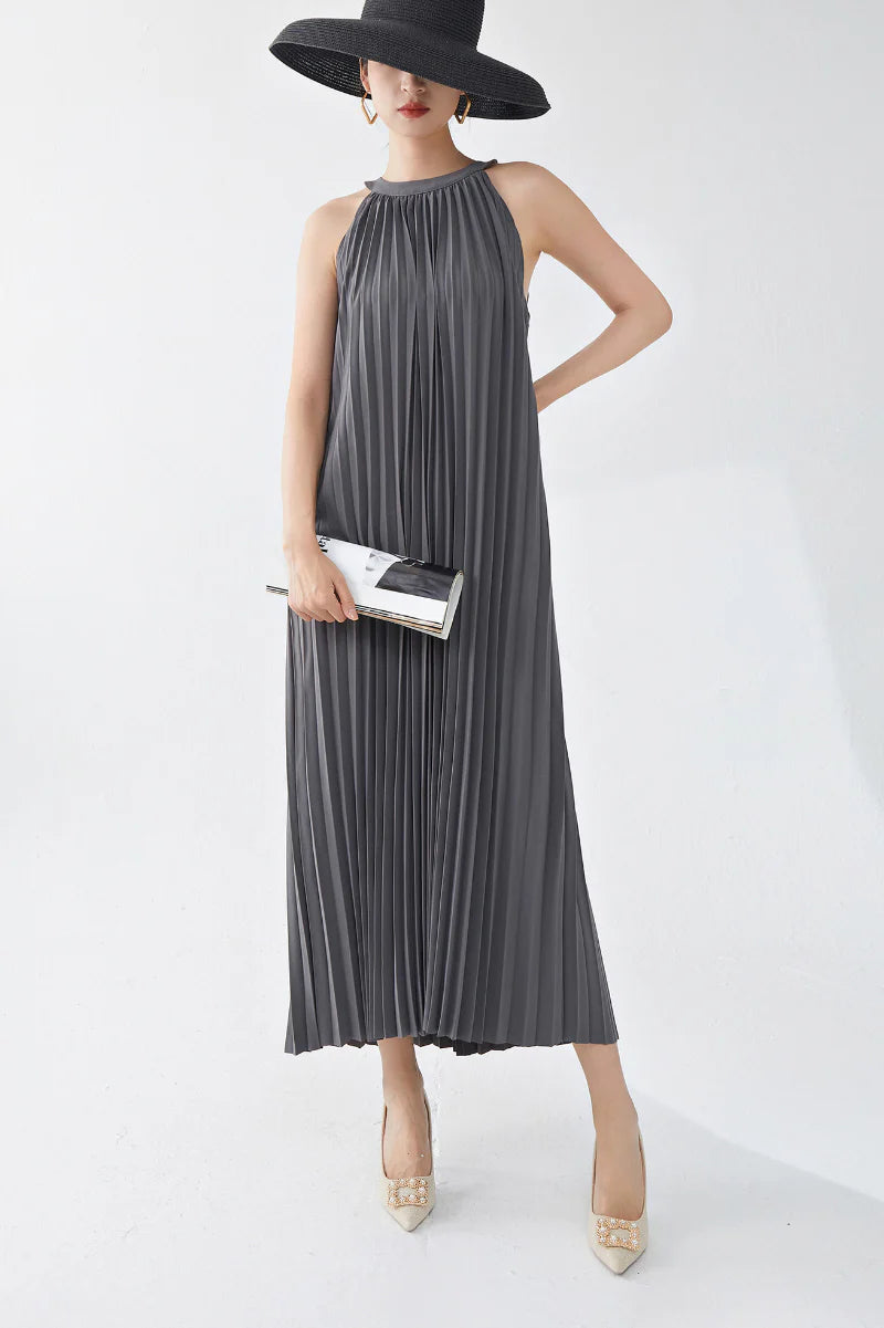 Designer Inspired Pleated Flowy Halter-Neck Midi Dress in Grey