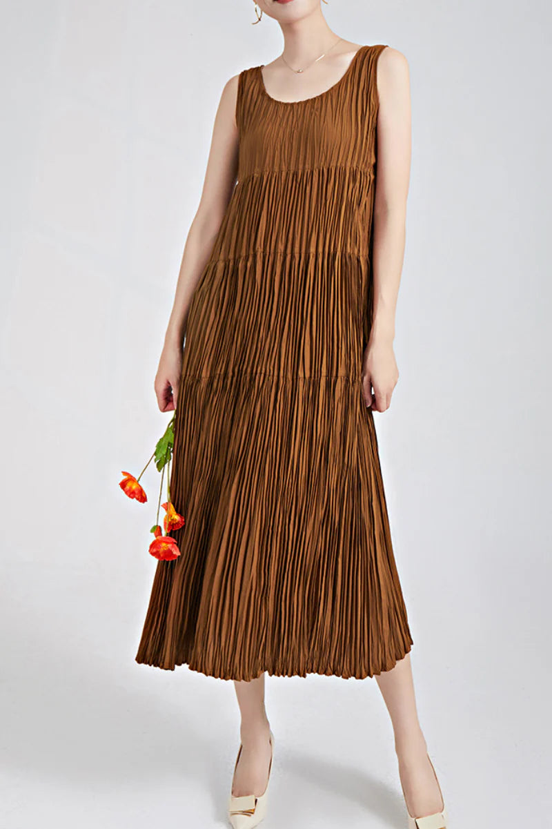 Designer Inspired Pleated Flowy Sleeveless Midi Dress