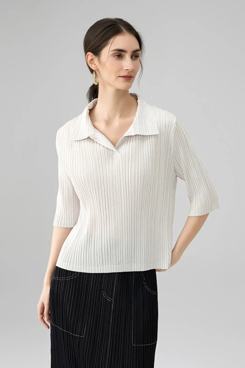 Designer-Inspired Pleated Elbow-Sleeve Polo Shirt
