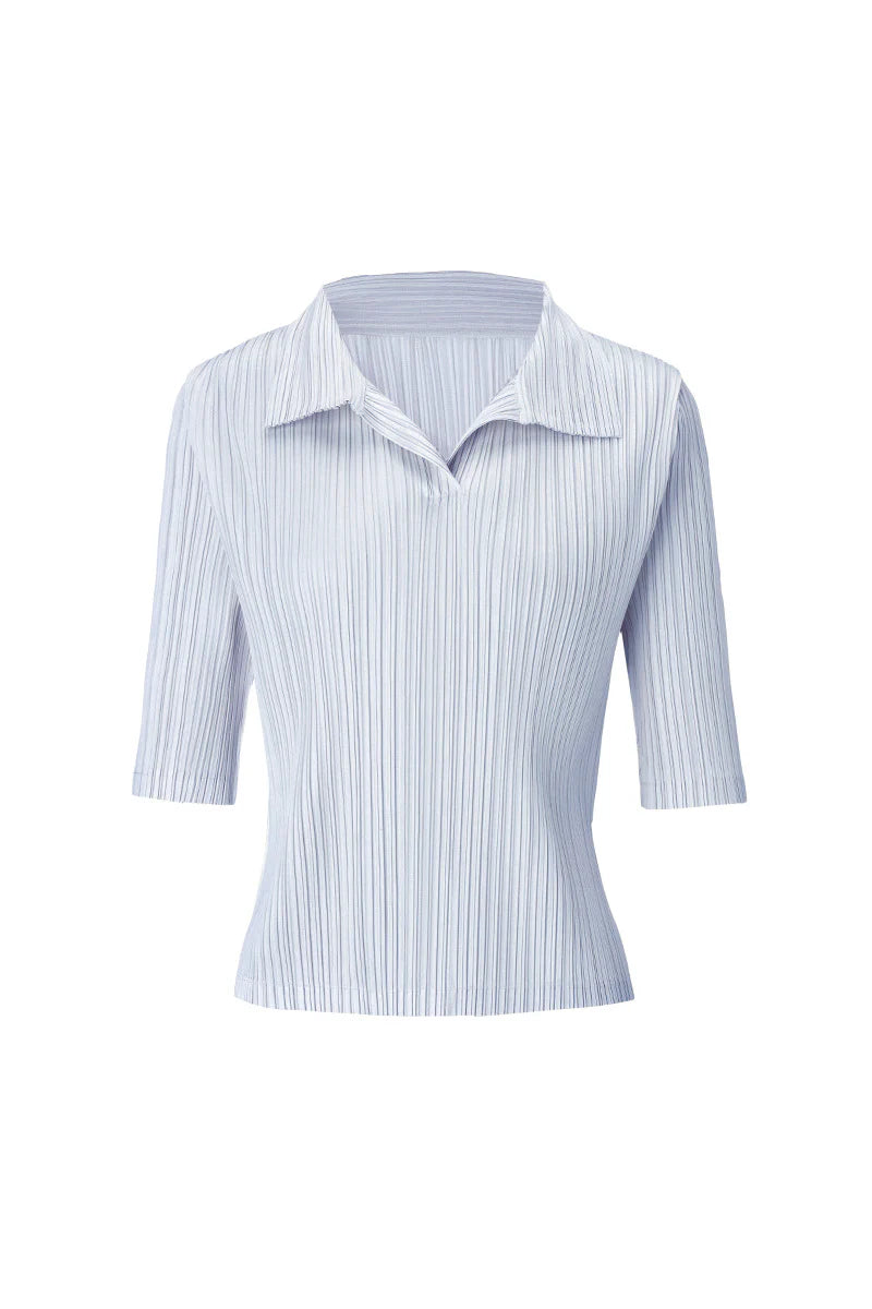 Designer-Inspired Pleated Elbow-Sleeve Polo Shirt