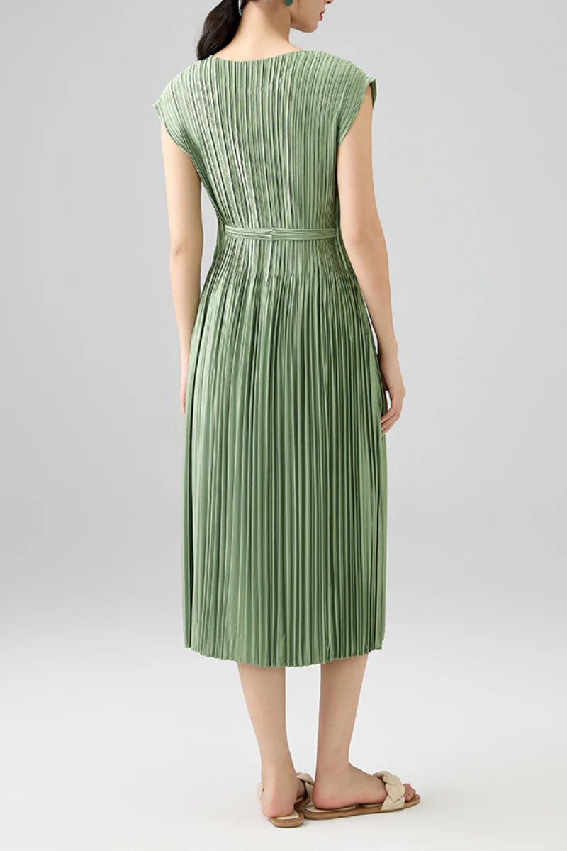 Designer Inspired Pleated Cap-Sleeve Dress with Belt
