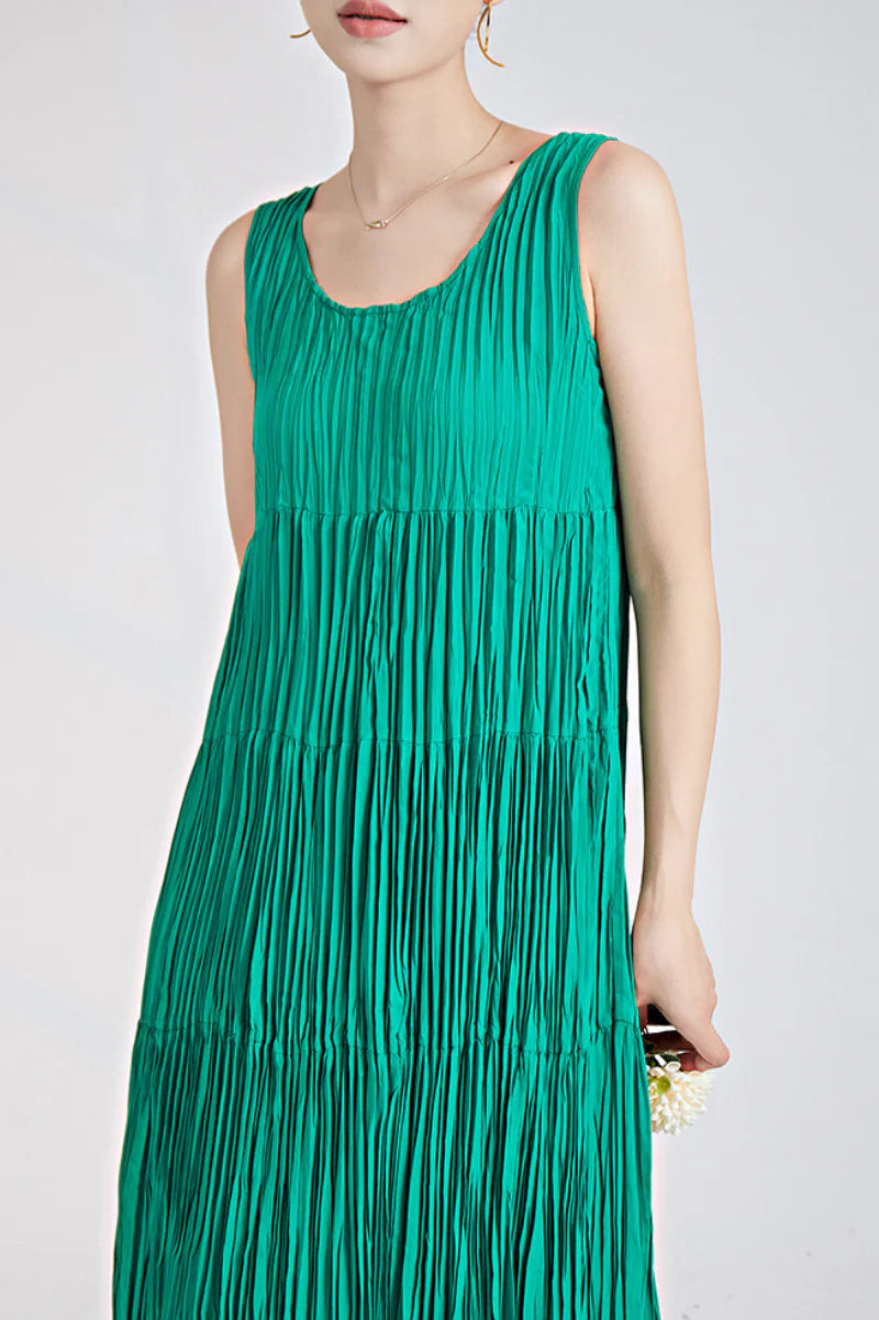 Designer Inspired Pleated Flowy Sleeveless Midi Dress in Emerald Green