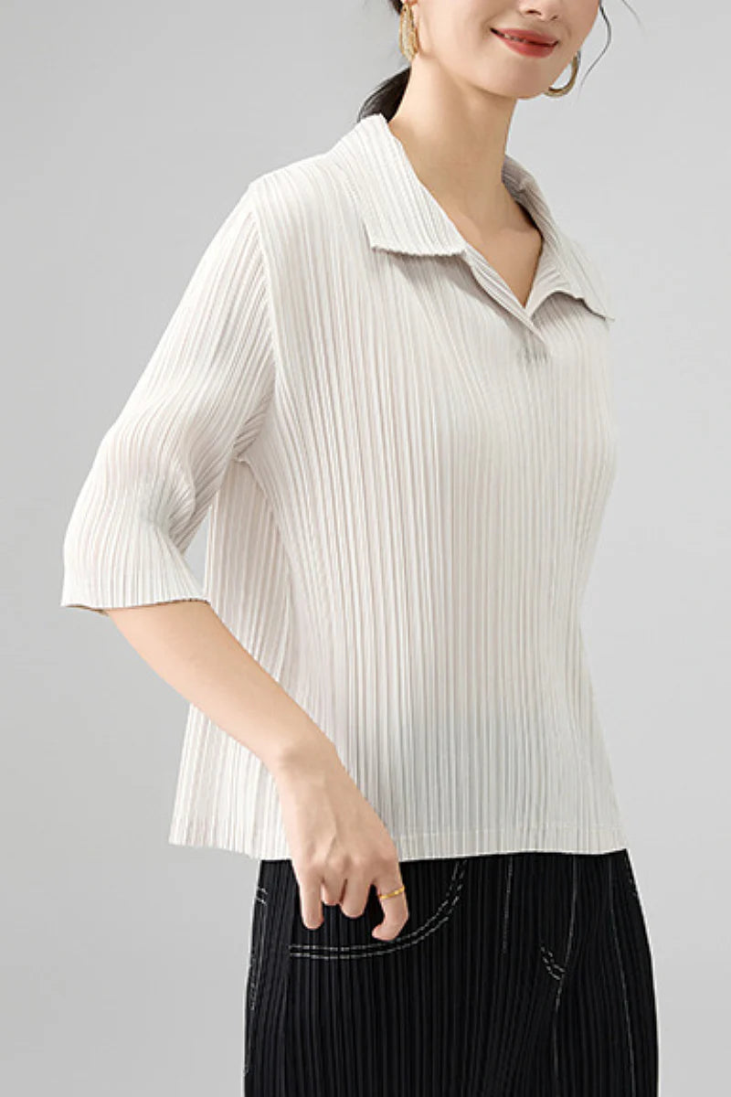 Designer-Inspired Pleated Elbow-Sleeve Polo Shirt