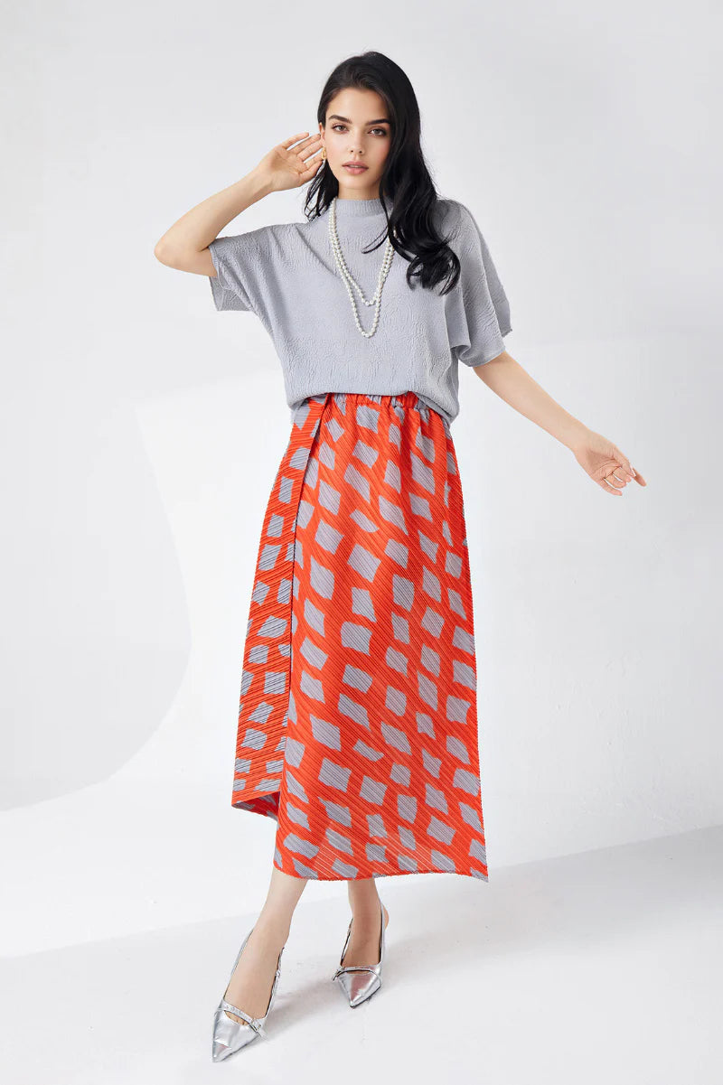 Designer Inspired Pleated Asymmetrical Midi Skirt in Geometric Print