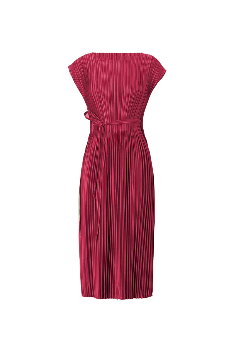 Designer Inspired Pleated Cap-Sleeve Dress with Belt