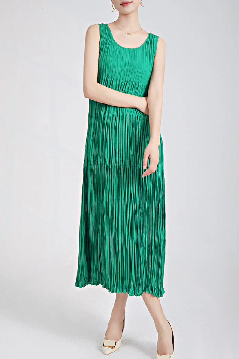 Designer Inspired Pleated Flowy Sleeveless Midi Dress in Emerald Green