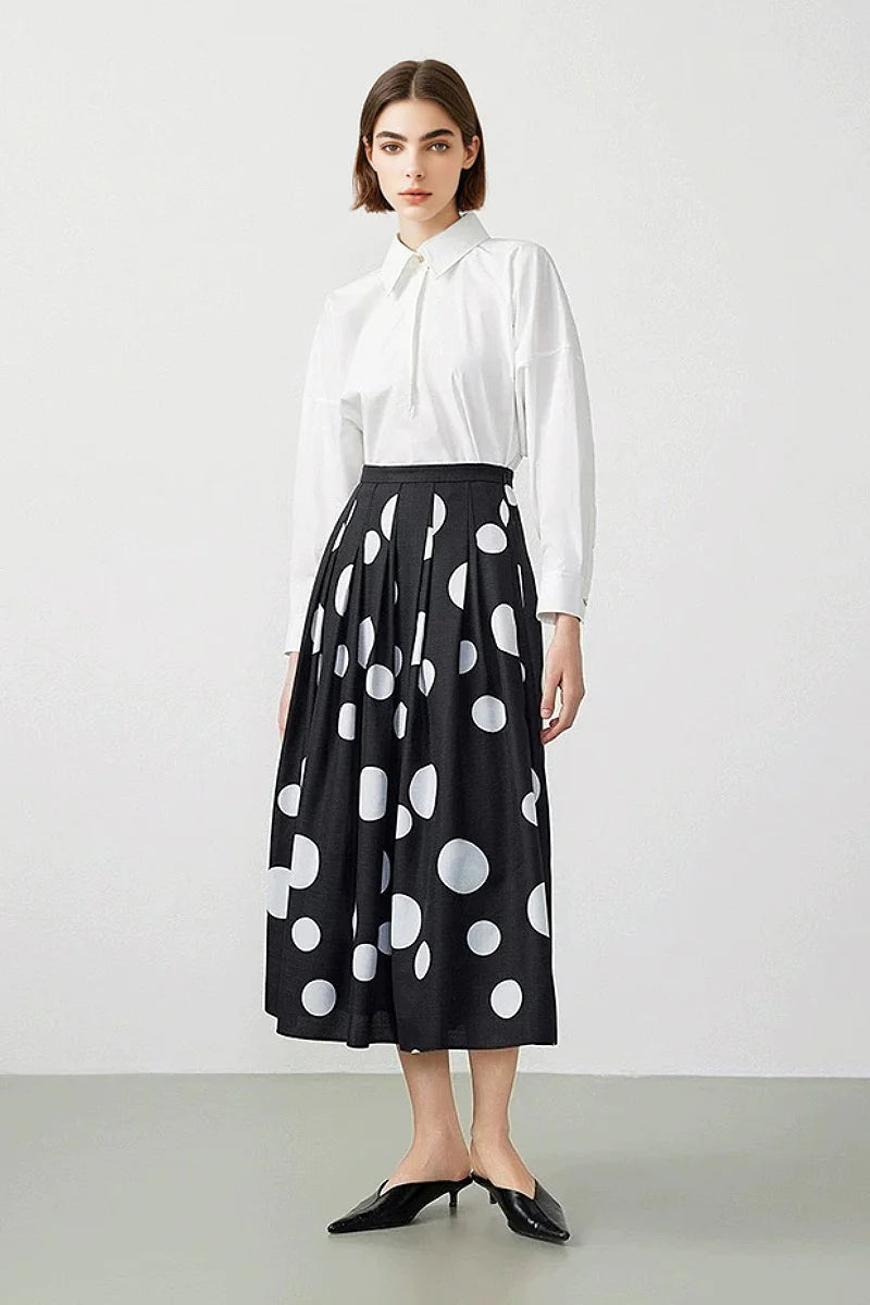 Black Pleated Polka Dot A-Line Midi Skirt with Pockets