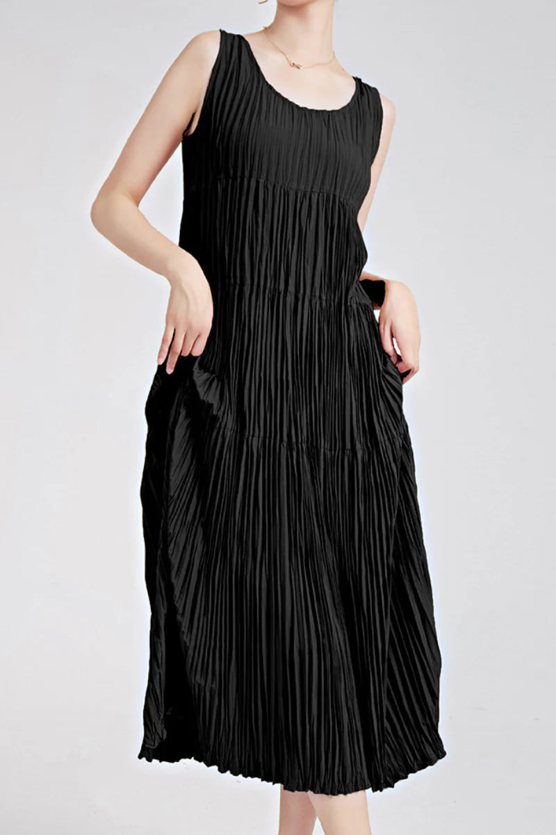 Designer Inspired Pleated Flowy Sleeveless Midi Dress