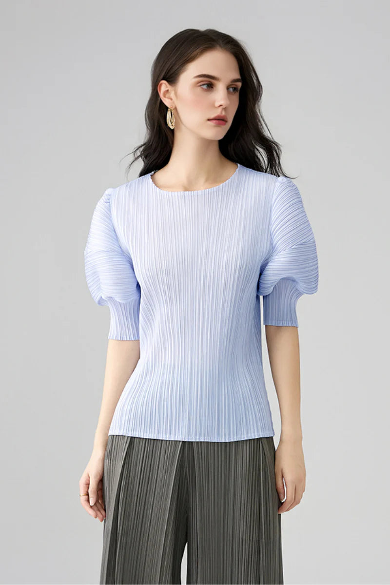 Designer Inspired Pleated Puff-Sleeve Top
