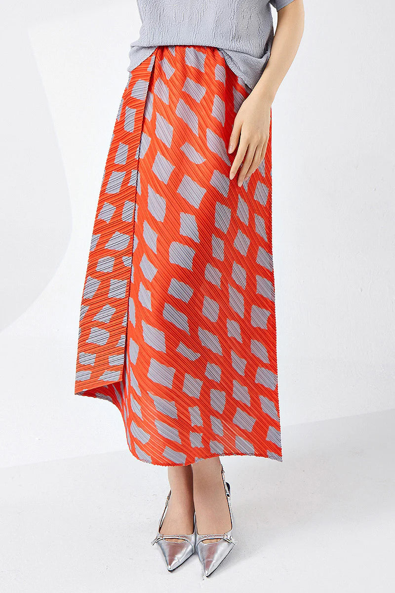 Designer Inspired Pleated Asymmetrical Midi Skirt in Geometric Print