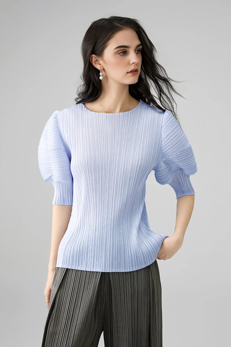 Designer Inspired Pleated Puff-Sleeve Top