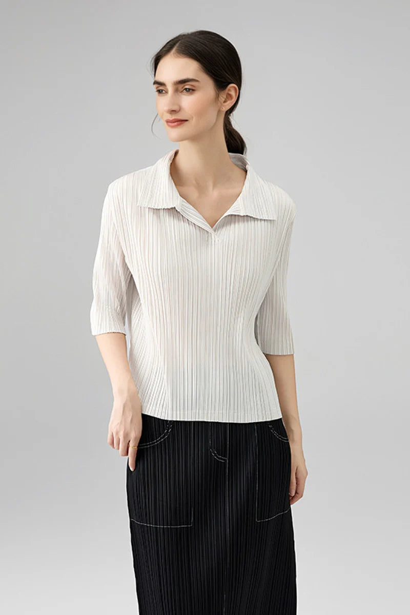 Designer-Inspired Pleated Elbow-Sleeve Polo Shirt
