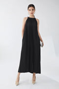 Designer Inspired Pleated Flowy Halter-Neck Midi Dress in Black
