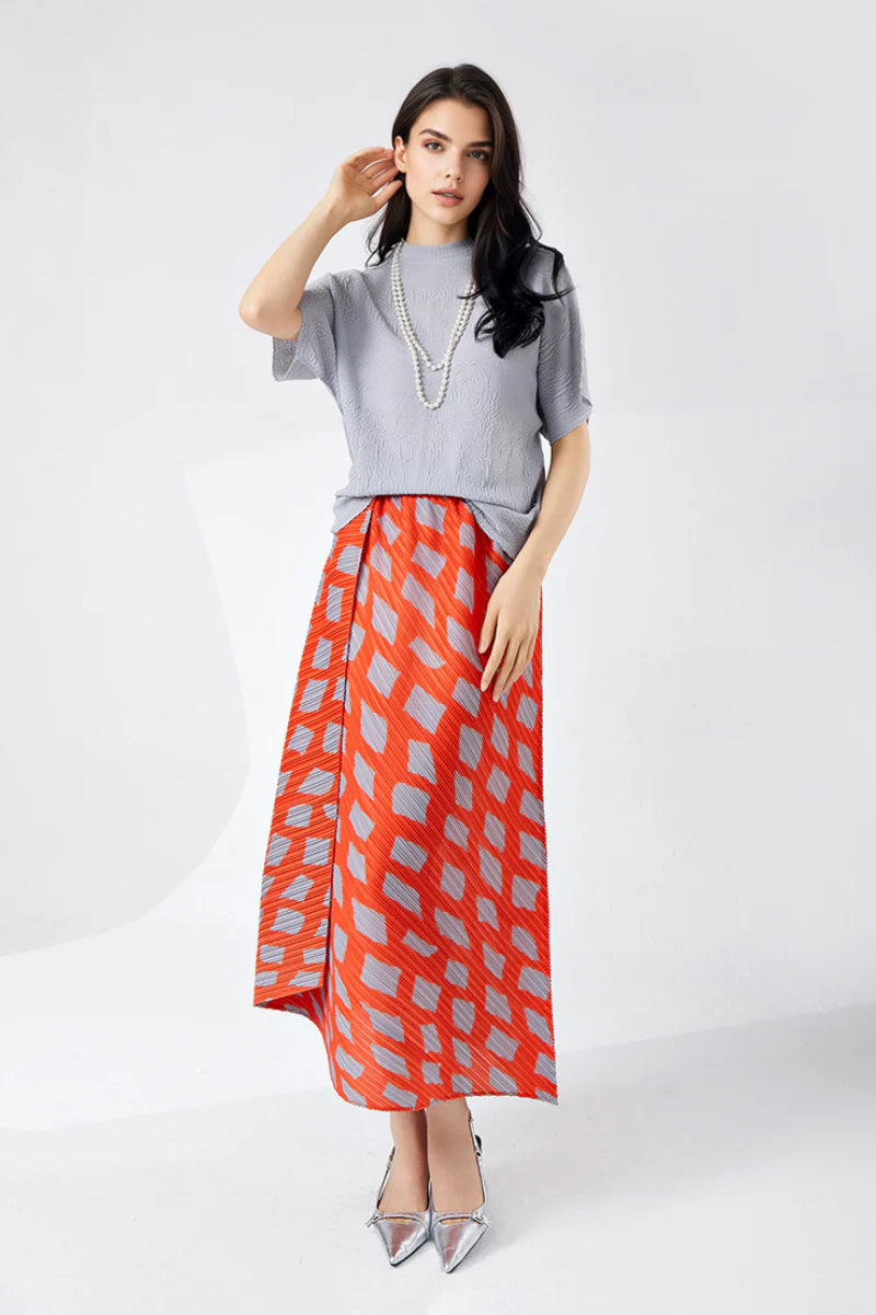 Designer Inspired Pleated Asymmetrical Midi Skirt in Geometric Print