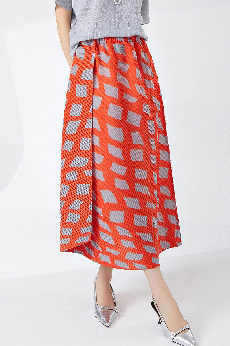 Designer Inspired Pleated Asymmetrical Midi Skirt in Geometric Print