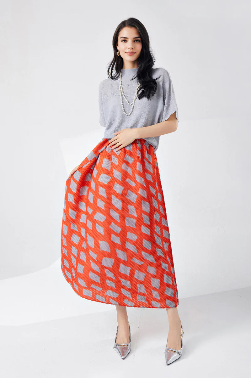 Designer Inspired Pleated Asymmetrical Midi Skirt in Geometric Print