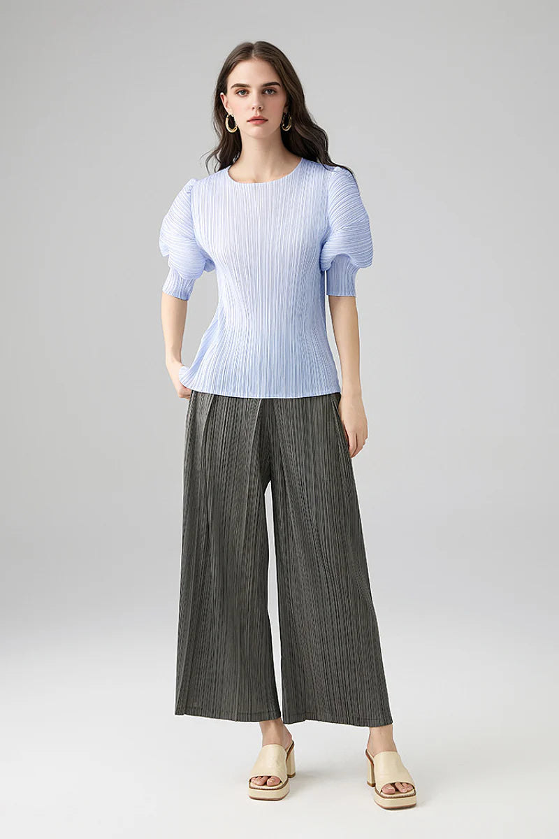 Designer Inspired Pleated Puff-Sleeve Top
