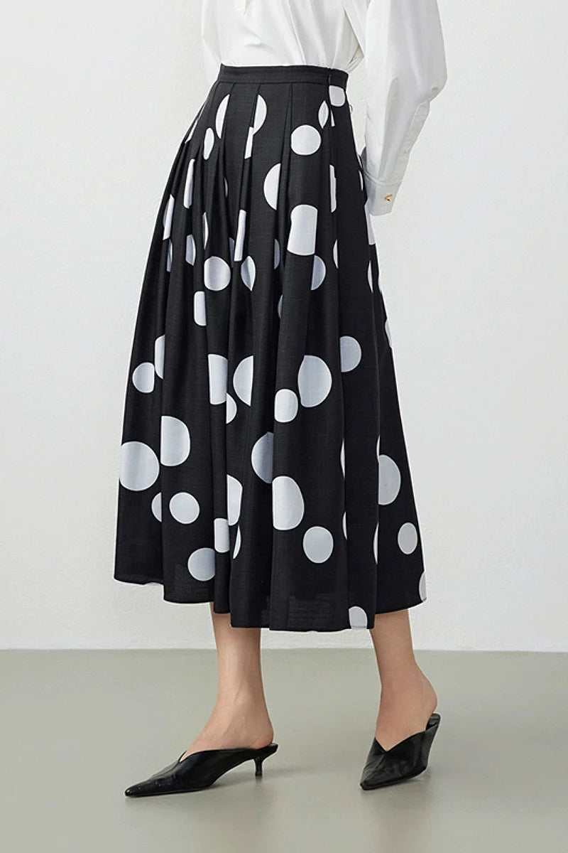 Black Pleated Polka Dot A-Line Midi Skirt with Pockets