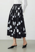 Black Pleated Polka Dot A-Line Midi Skirt with Pockets