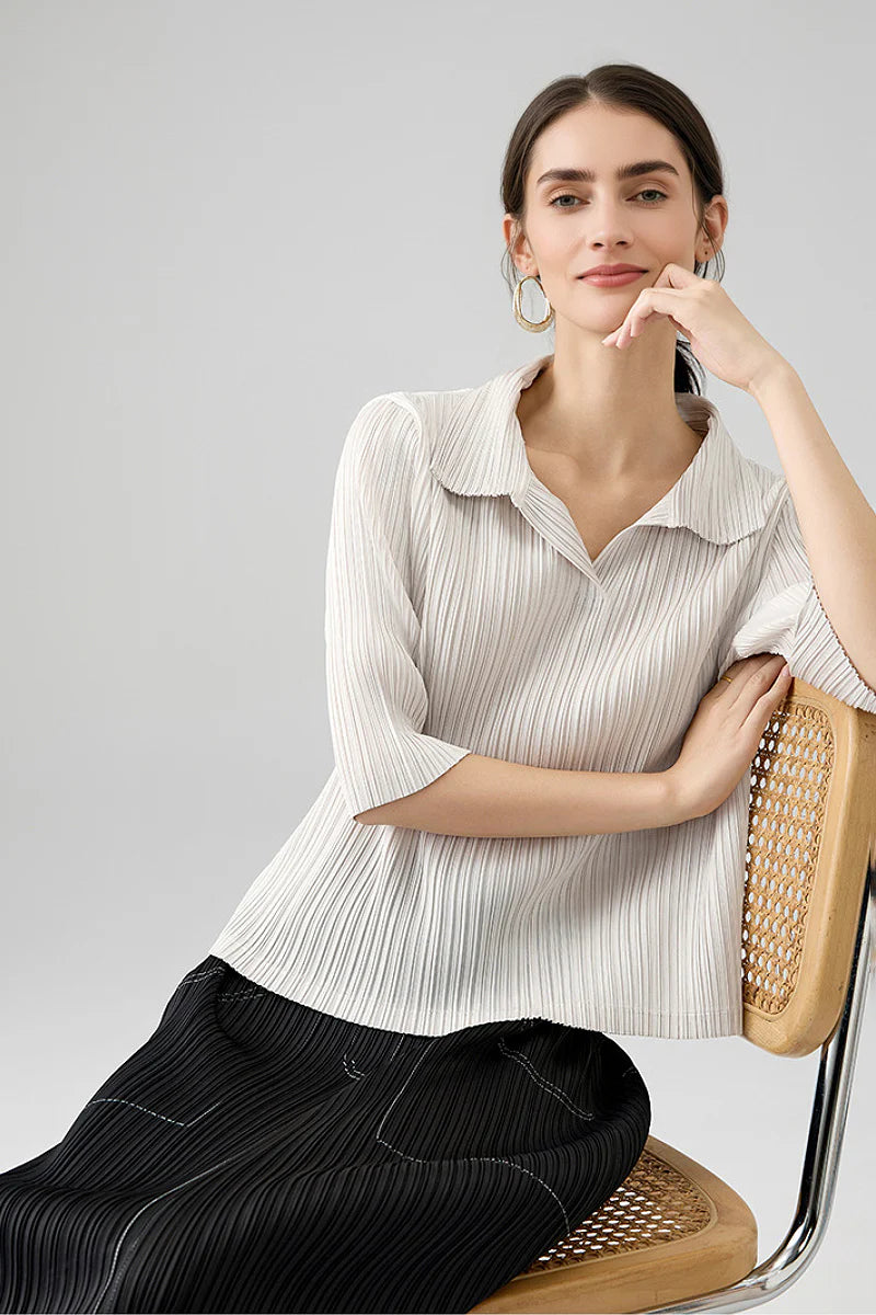 Designer-Inspired Pleated Elbow-Sleeve Polo Shirt