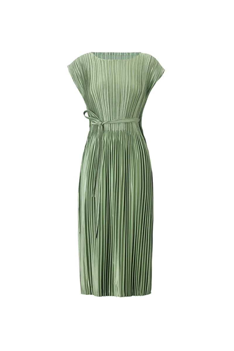Designer Inspired Pleated Cap-Sleeve Dress with Belt