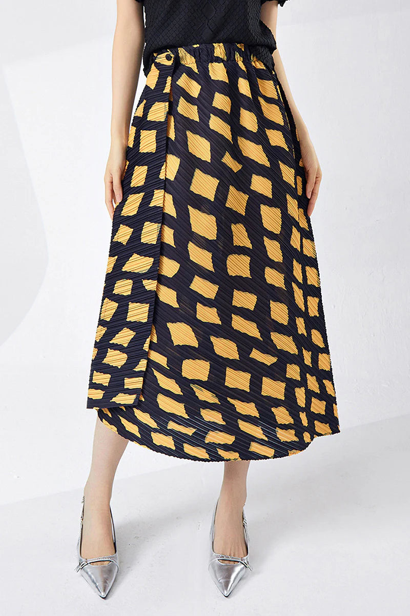 Designer Inspired Pleated Asymmetrical Midi Skirt in Geometric Print