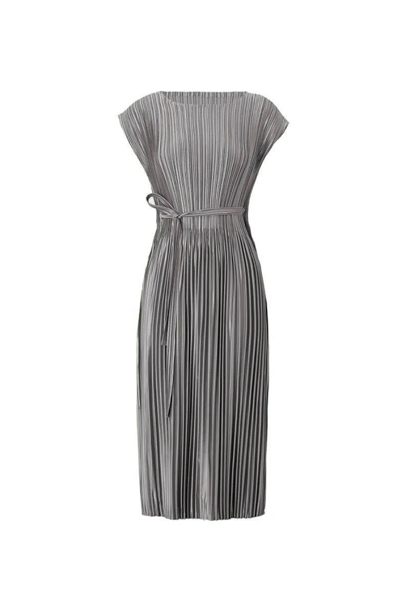 Designer Inspired Pleated Cap-Sleeve Dress with Belt